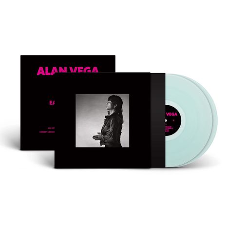 "ALAN VEGA" in pink Schrift. Eine Schallplatte mit einem schwarz-weißen Foto eines Mannes in Lederjacke im Profil.