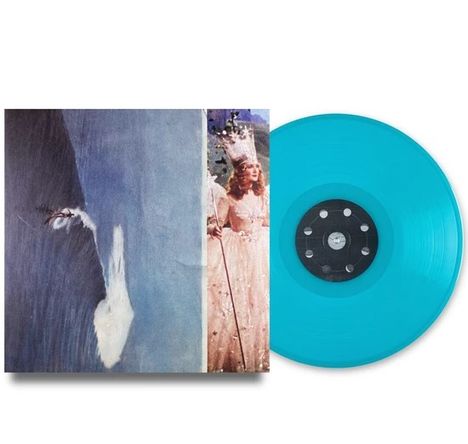 Keine sichtbaren Texte. Links ein Cover mit abstrakter Kunst und einer Figur, rechts eine blaue Schallplatte.