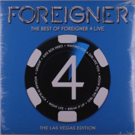 FOREIGNER, THE BEST OF FOREIGNER 4 LIVE. 4 auf schwarzem Chip. THE LAS VEGAS EDITION. Blaues Design mit Musikthemen.