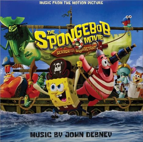 Text: The SpongeBob Movie: Search for SquarePants. 
Illustration: SpongeBob und Freunde in Piratenkleidung auf einem Schiff.