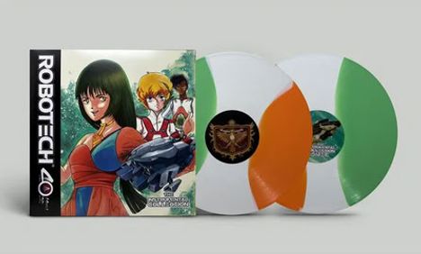 "ROBOTECH 40", Illustration mit drei Figuren, zwei bunte Schallplatten daneben.