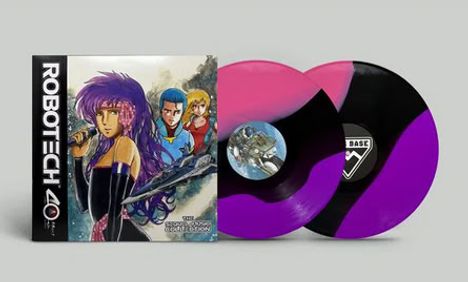 ROBOTEC 40 auf einem Albumcover mit Anime-Charakteren. Zwei Schallplatten in Pink und Lila mit schwarzem Muster.