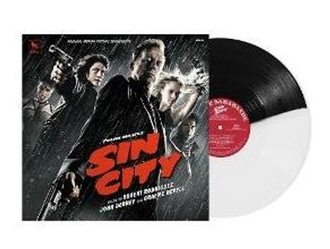 Der Text lautet: "Sin City" in roten Buchstaben. Es handelt sich um ein Albumcover mit einer schwarz-weißen Platte.