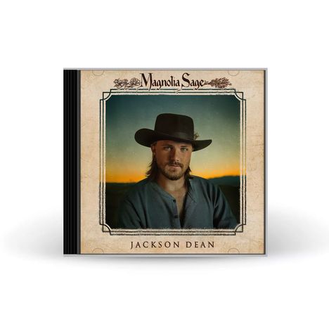 "Magnolia Sage" oben, "Jackson Dean" unten. Ein Mann mit Hut vor Sonnenuntergang, rustikaler Rahmen, Albumcover.