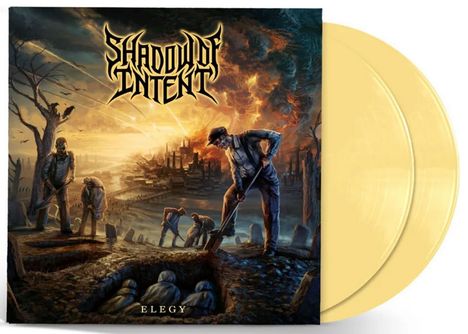 „SHADOW OF INTENT“ oben, „ELEGY“ unten. Illustration zeigt Arbeiter, die Gräber ausheben, im Hintergrund brennende Stadt.