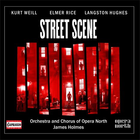 "Street Scene" in großer Schrift, darunter "Orchestra and Chorus of Opera North, James Holmes". Rote Szenerie mit Personen.