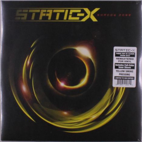 Oben steht "Static-X". Es gibt ein schwarzes und gelbes, wirbelndes Design. Ein Aufkleber beschreibt Vinyl-Spezifikationen.