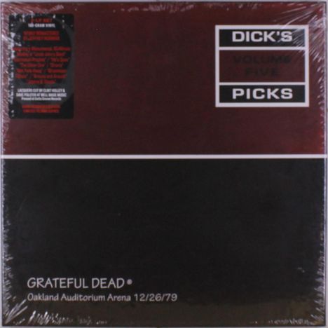 "DICK'S PICKS VOLUME FIVE," "GRATEFUL DEAD," "Oakland Auditorium Arena 12/26/79." Dunkles Cover mit minimalistischem Design.