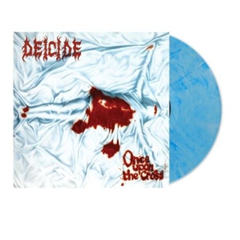 "DEICIDE" oben in blutiger Schrift, "Once upon the Cross" unten; blutbeflecktes Bettlaken; blauer Vinyl.
