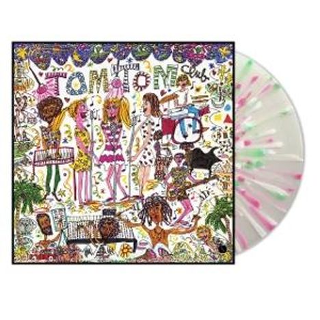 Text: "Tom Tom Club." Illustration mit bunten, verspielten Figuren und Mustern, daneben eine farbige Vinyl-Schallplatte.