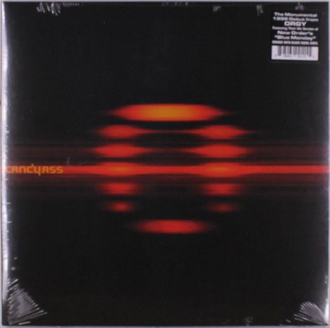 Text: "Candyass", "The Monumental 1998 Debut from ORGY". Illustration mit verschwommenen roten Lichtstreifen auf schwarzem Hintergrund.