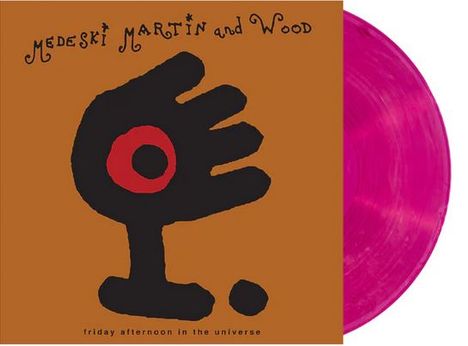 Text: "Medeski Martin and Wood", "friday afternoon in the universe." Illustration: Abstrakte schwarze Form mit rotem Kreis. Lila Vinyl.