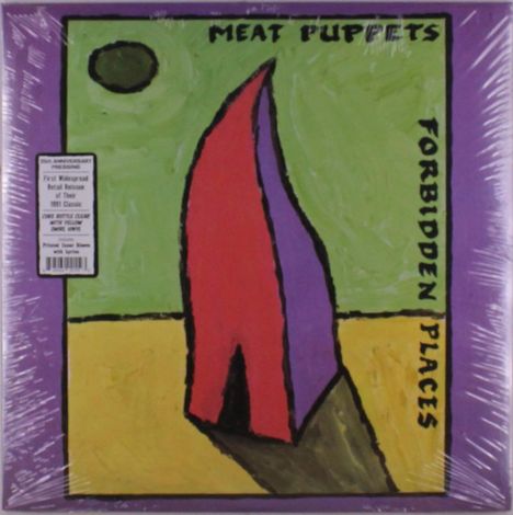 Ein stilisiertes Gemälde mit "MEAT PUPPETS" oben, "FORBIDDEN PLACES" rechts, abstrakte Figuren in Rot und Violett.