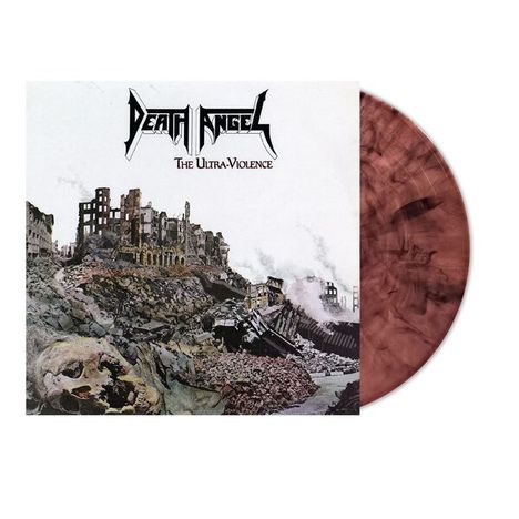 "Death Angel" und "The Ultra-Violence" vor Ruinenlandschaft. Eine Schallplatte zeigt ein marmoriertes, braunes Muster.