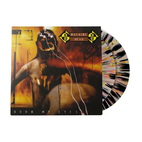 "Burn My Eyes" und "Machine Head" auf orangefarbenem Albumcover, psychedelische Schallplatten unten.