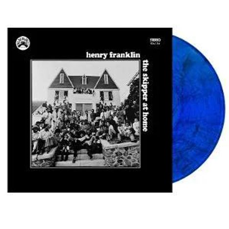 Text: "Henry Franklin", "The Skipper at Home". Schwarzes Cover mit einem Gruppenfoto vor einem großen Haus, blauer Schallplatte.