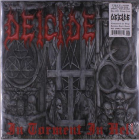 "DEICIDE" in roten, flammenden Buchstaben oben, "In Torment In Hell" unten. Hintergrund: düstere, gruselige Illustrationen.