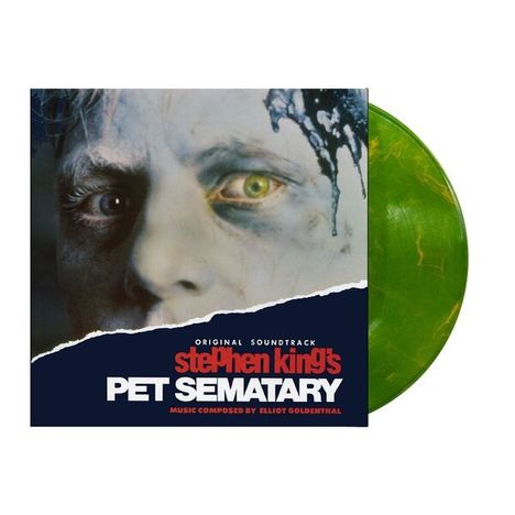 Texte: Original Soundtrack, Stephen King's Pet Sematary, Music by Elliot Goldenthal. Dunkles, gruseliges Gesicht, grüne Vinyl-Schallplatte.