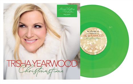 "Trisha Yearwood Christmas Time" in roter und grüner Schrift. Links Porträt einer Frau; rechts grüne Schallplatte.