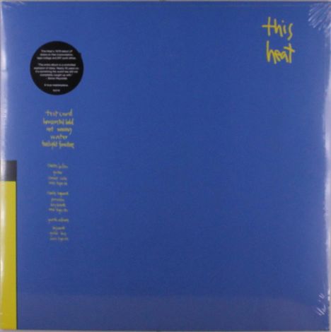 "This heat" in Gelb oben rechts; Songliste in Gelb links auf Blau; gelber Streifen links unten; minimalistisches Design.