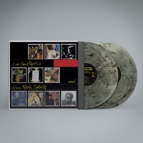Aufschrift: "I see Good Spirits and I see Bad Spirits". Zwei Vinyl-Schallplatten mit marmoriertem Design und Albumcover mit Kunstwerken.