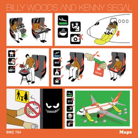 "BILLY WOODS AND KENNY SEGAL" erscheint oben. Neben Illustrationen von Personen im Flugzeug finden sich Symbole und humorvolle Anweisungen.