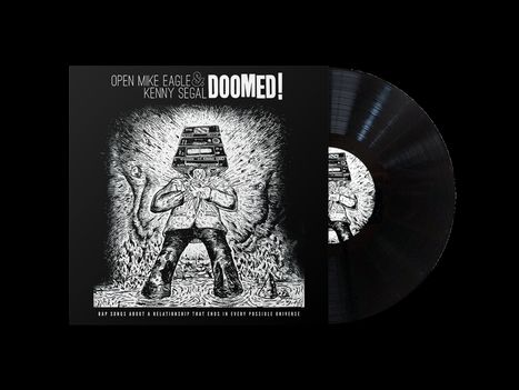 Texte: "Open Mike Eagle & Kenny Segal DOOMED!", "Rap songs about a relationship that ends in every possible universe." Illustration: Person mit Fernsehern als Kopf, umgeben von Flammen.