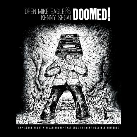 Titel: "Open Mike Eagle & Kenny Segal DOOMED!" Illustration: Person mit Stereoanlage als Kopf und Explosion im Hintergrund.