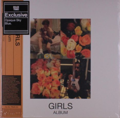 "Exclusive Opaque Sky Blue." zeigt vier Fotos: zwei von Blumensträußen und zwei von Personen mit einer Gitarre. Text: "GIRLS ALBUM".