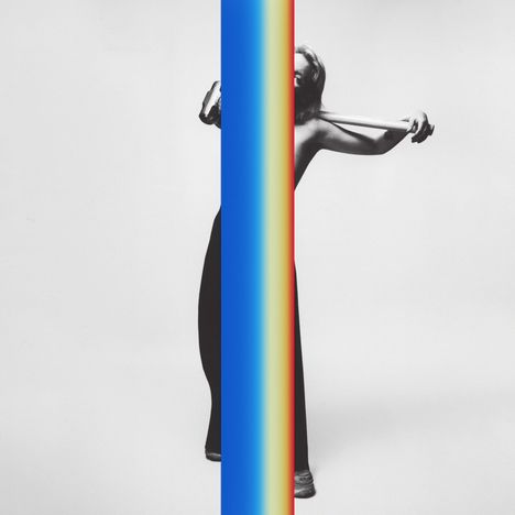 Eine schwarz-weiße Komposition mit einer Person hinter einem vertikalen Streifen in Blau und Rot.