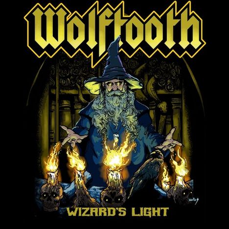 "Wolftooth" und "Wizard's Light" stehen über einem Zauberer mit weitem Hut und vier brennenden Schädeln.