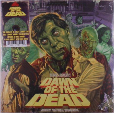 „Dawn of the Dead“ in großen Buchstaben, grünliche Zombie-Illustrationen, dramatische und unheimliche Szene.
