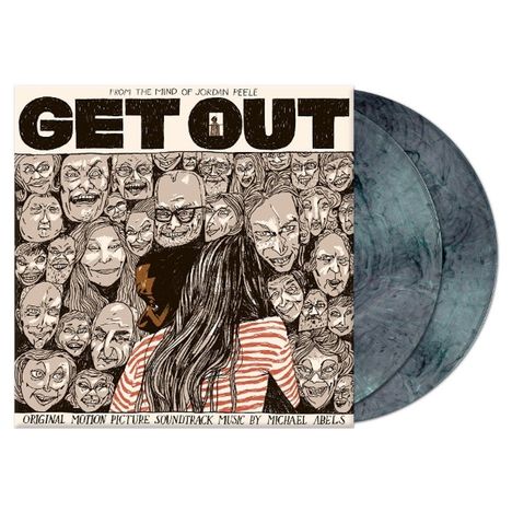 "GET OUT" steht in großen Buchstaben oben. Zeichnung: Viele grinsende Gesichter umgeben zwei Personen von hinten.