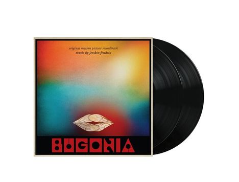 Text: "original motion picture soundtrack, music by jerskin fendrix, BUGONIA". Bunte abstrakte Kunst auf einem Albumcover mit zwei Schallplatten.