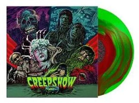 Text: Creepshow. Illustration: Gruselige Figuren, leuchtende Farben, grüner und roter Vinyl-Schallplatte.