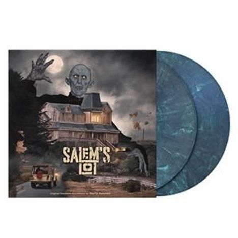 "SALEM'S LOT" in großen Buchstaben, eine gruselige Figur erhebt sich über einem alten Haus, darunter zwei Schallplatten.