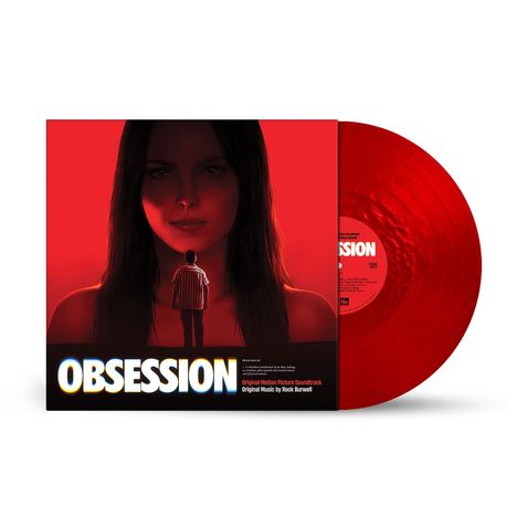 "OBSESSION" in großen weißen Buchstaben, rote Vinyl-Schallplatte, Illustration: Frau hinter kleinem Mann, roter Hintergrund.