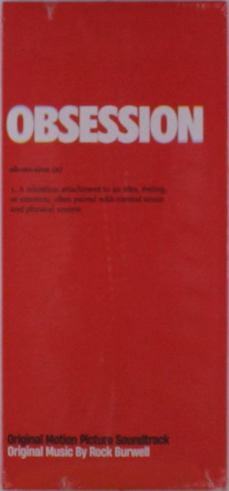 "OBSESSION" in großen weißen Buchstaben, Beschreibung und Credits unten; alles auf rotem Hintergrund.