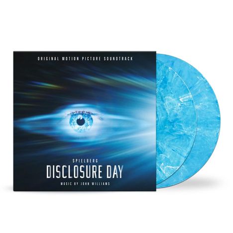 „Disclosure Day“ von Spielberg, Musik von John Williams. Ein blaues Auge in einem Lichtstrahl, blaue marmorierte Schallplatten.