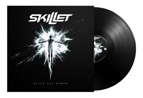 Text: SKILLET, AFTER THE STORM. Illustration: Silhouette einer Person vor heller Explosion auf schwarzem Hintergrund.