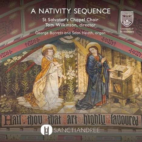 "A Nativity Sequence. St Salvator’s Chapel Choir. Gemälde zweier heiliger Figuren mit Flügeln und Heiligenschein."