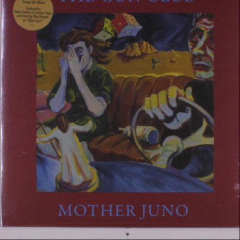 Text: "THE GUN CLUB" und "MOTHER JUNO". 
Illustration: Person im Auto hält sich die Augen zu, bunte Landschaft.