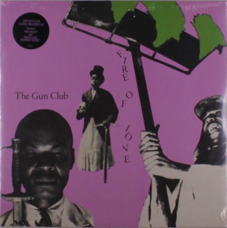 "The Gun Club", "Fire of Love" in großen Buchstaben. Collage aus Menschen und einem Schwert auf lila Hintergrund.