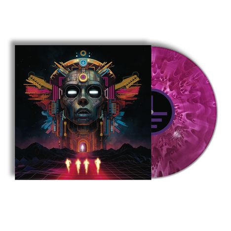 Eine futuristische Illustration zeigt einen Maschinenkopf vor kosmischem Hintergrund und einen pinken Vinyl-Schallplatte.