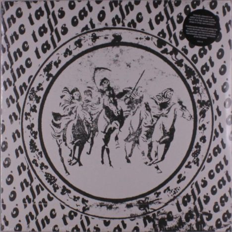 Text: "nine tails cat o'." In der Mitte ein kreisförmiges Gemälde mit Reitern in historischer Tracht.