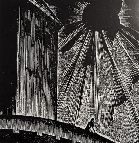 Eine schwarz-weiße Illustration zeigt ein Gebäude und eine Person auf einer Brücke. Ein dunkler Himmel mit Sonnenstrahlen.