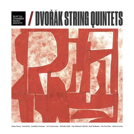 "DVOŘÁK STRING QUINTETS" neben dem Logo "SEATTLE CHAMBER MUSIC SOCIETY". Abstrakte rote Formen auf weißem Hintergrund.