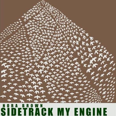 "NORA BROWN SIDETRACK MY ENGINE". Zahlreiche weiße Vogelsilhouetten formen einen großen Schwarm auf braunem Hintergrund.