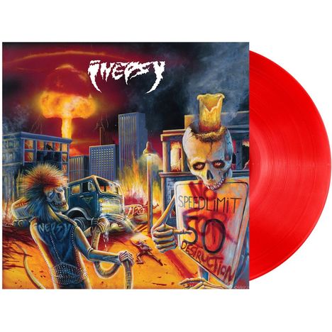 Texte: "SPEED LIMIT 30 DESTRUCTION". Illustration: Apokalyptische Szene, Explosionen, Skelette, ein rotes Vinyl.