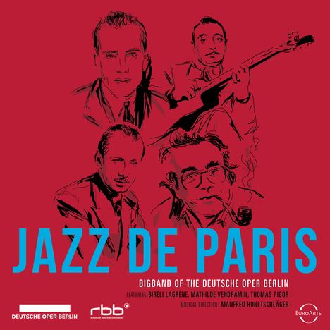 Text: "JAZZ DE PARIS", "Bigband of the Deutsche Oper Berlin". Illustration von vier Musikern auf rotem Hintergrund.
